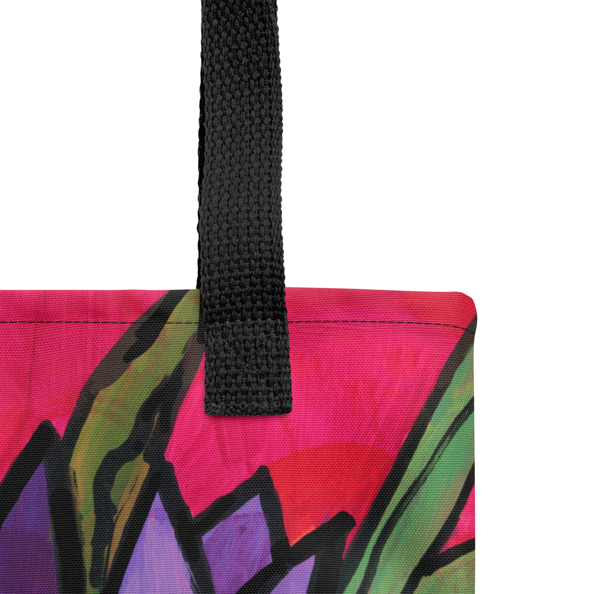 Close up of Purple Tulip Passion tote bag's black handle and stitches