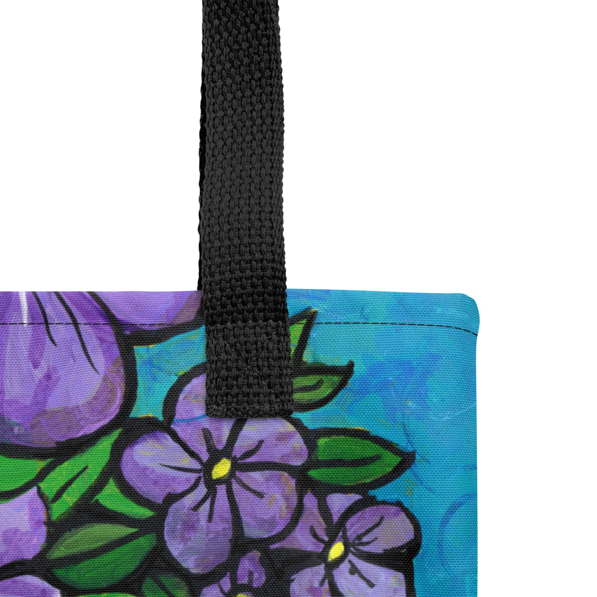 Close up of black strap and stitches on Hummingbird Tote Bag