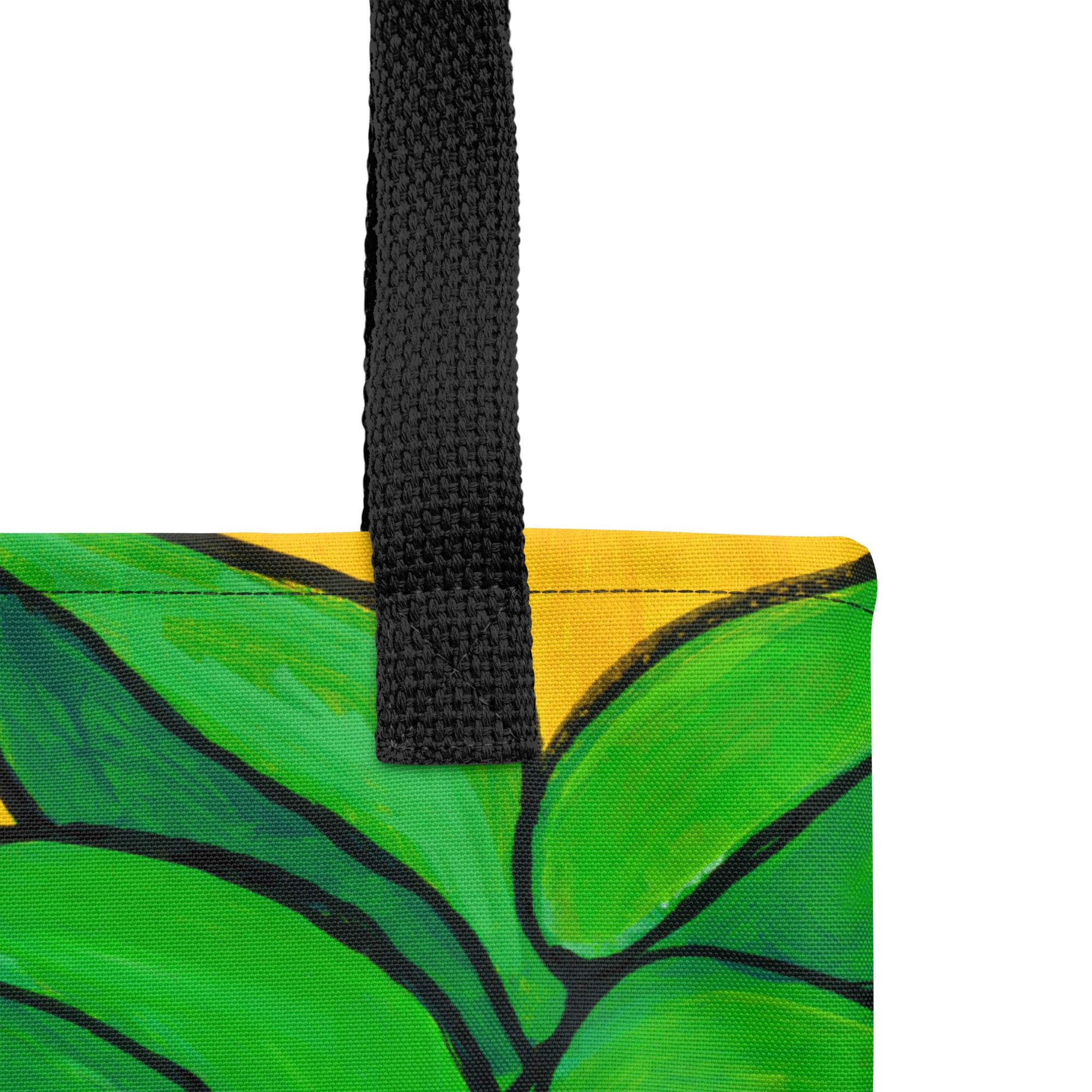 Detail of black strap and stitches