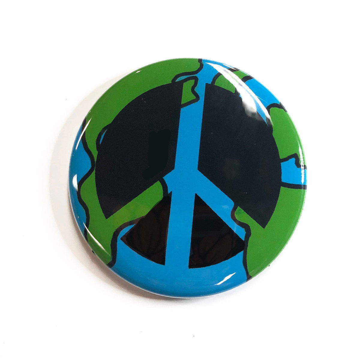 world peace button - peace sign is world map