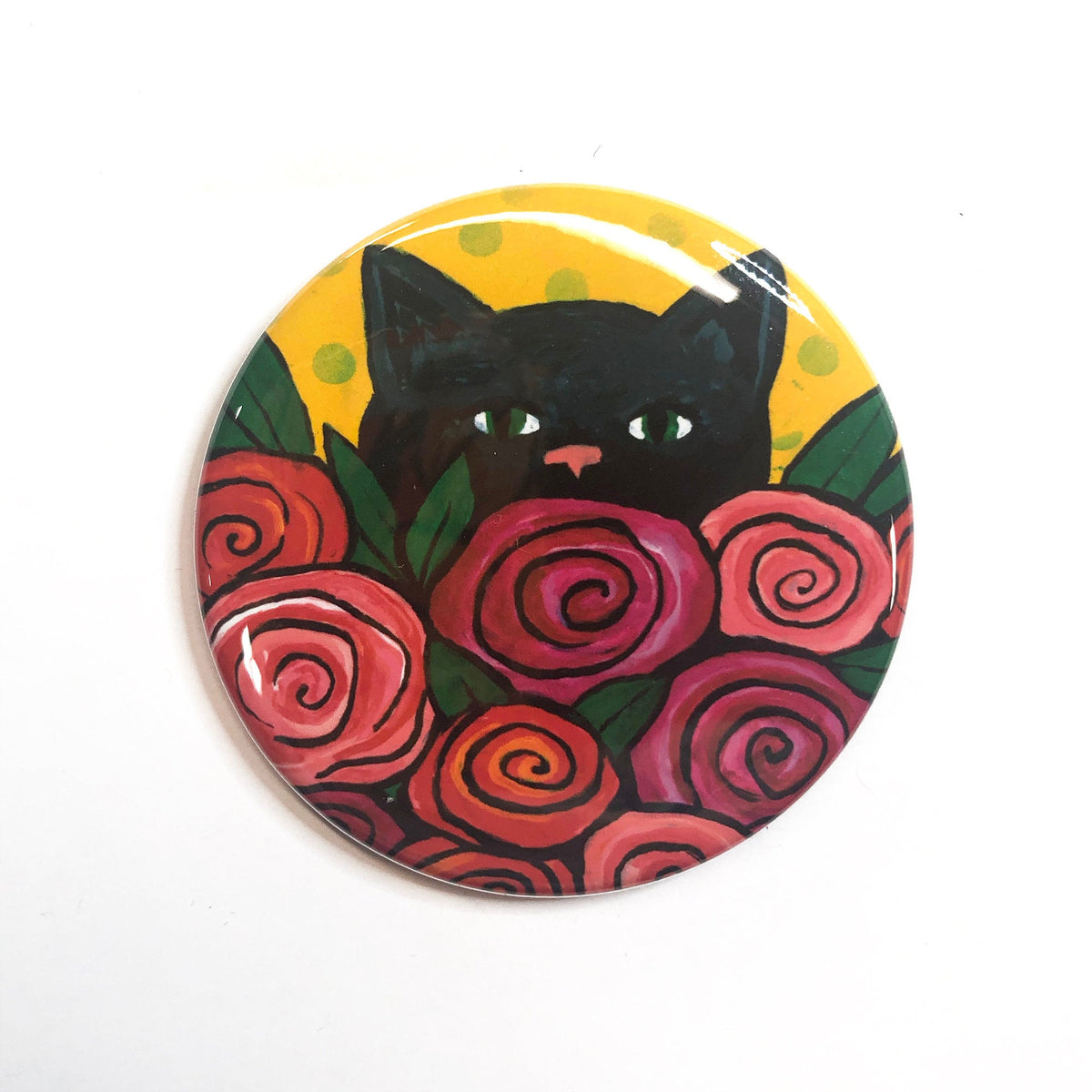 Black Cat Magnet, Pin Back Button, or Pocket Mirror - Rose Kitty - Cat Lover Gift