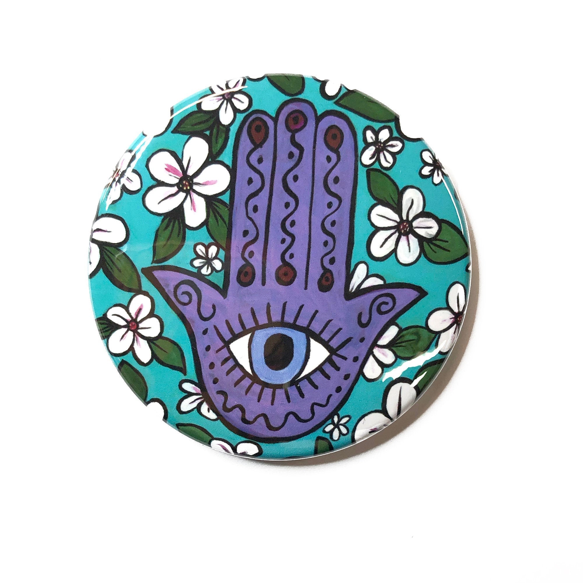 Cherry Blossom Evil Eye Hamsa Magnet, Pocket Mirror, or Pin Back Button - Hand of Protection Pinback, Fridge Magnet or Purse Mirror