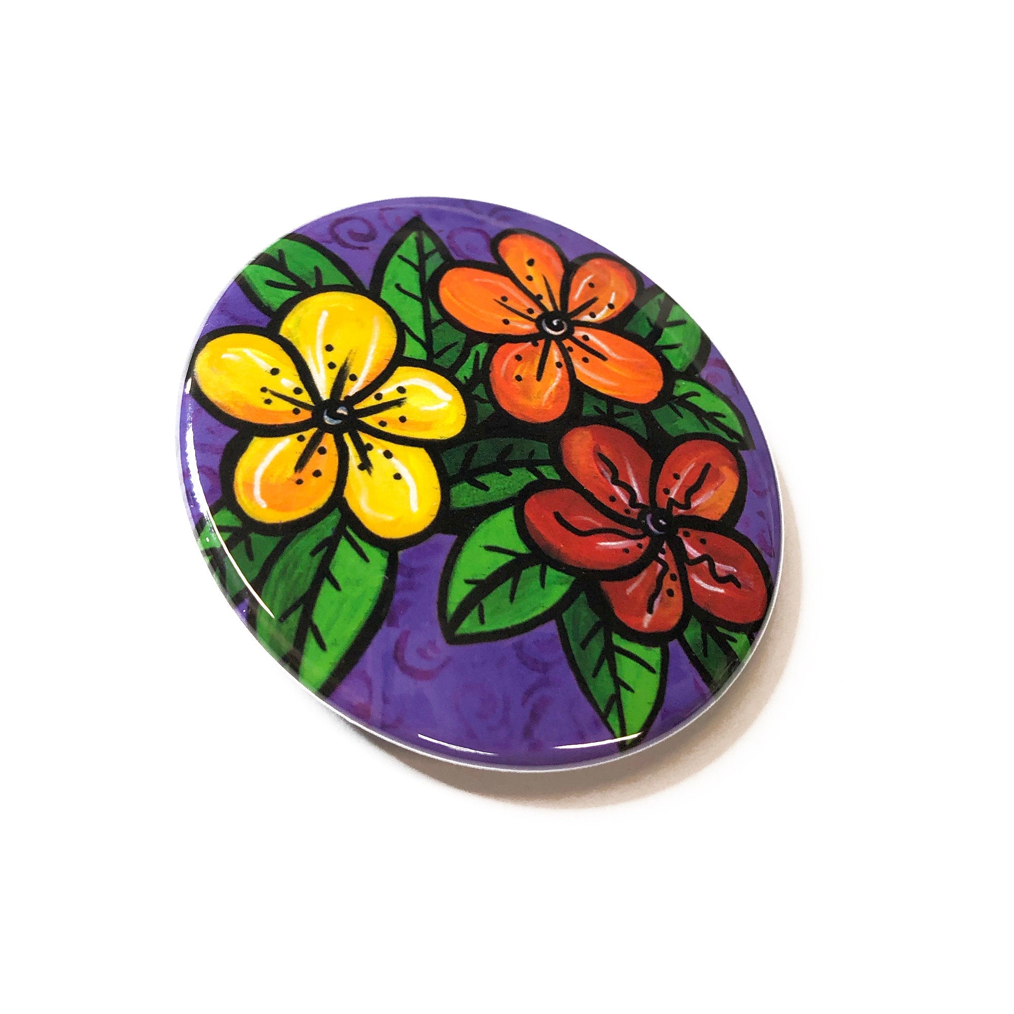 Happy Flower Magnet, Pin Back Button or Pocket Mirror - Colorful Floral Magnet for Fridge, Locker, or White Board, Flower Pin, Purse Mirror
