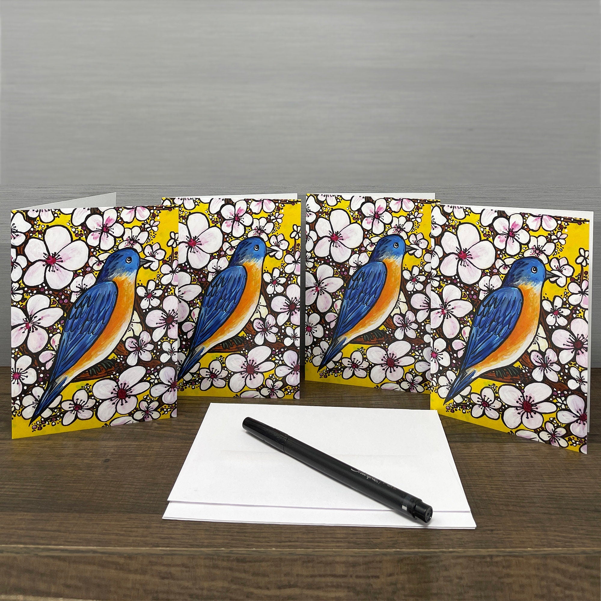 Bluebird Notecard with Cherry Blossoms - Blank Bird Card for Thank You, Birthday, Wedding, Every Day, Any Occasion