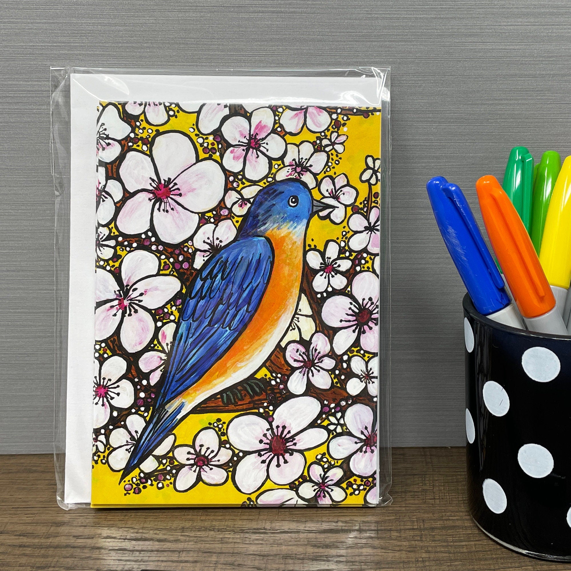 Bluebird Notecard with Cherry Blossoms - Blank Bird Card for Thank You, Birthday, Wedding, Every Day, Any Occasion