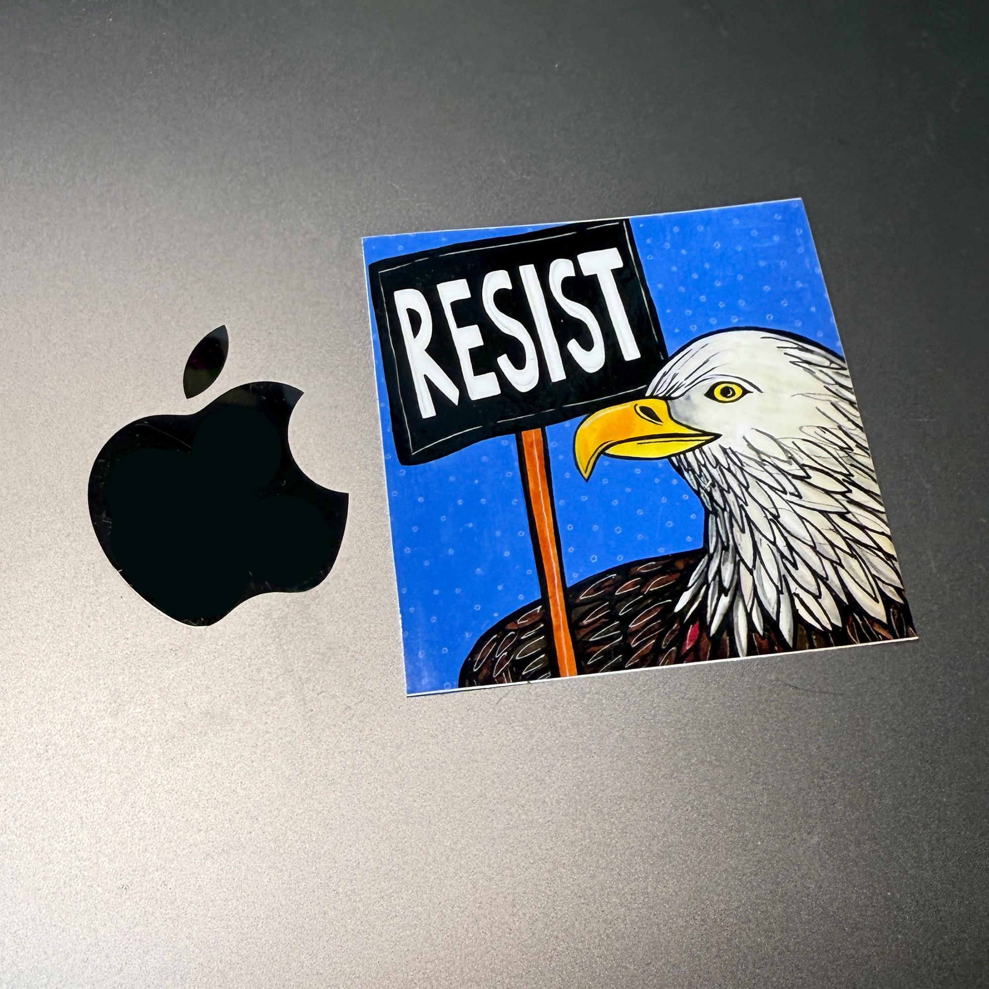 another view of Bald Eagle Resist sticker on a mac laptop