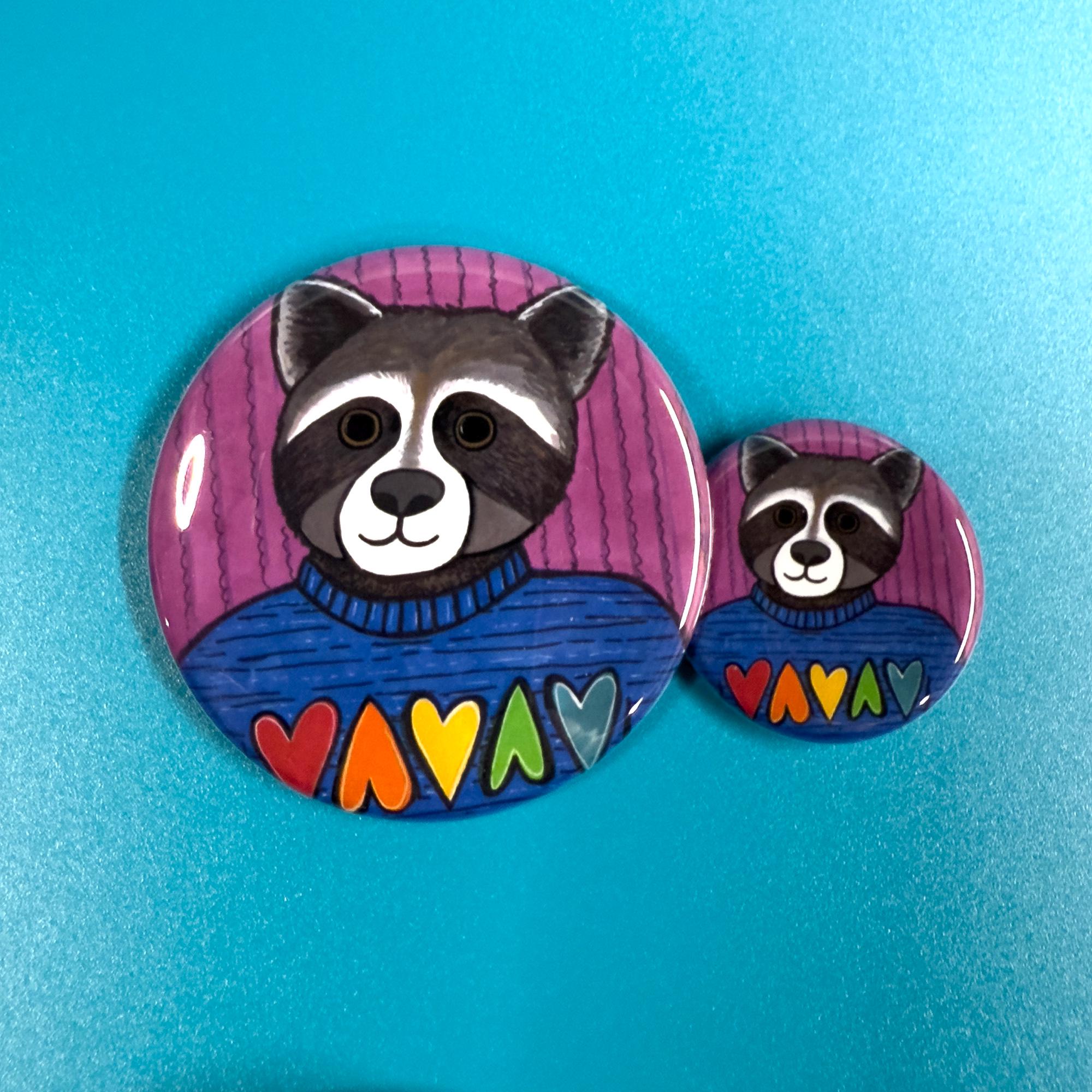 two different sizes of Roxy Raccoon button - 1.25 inch and 2.25 inch