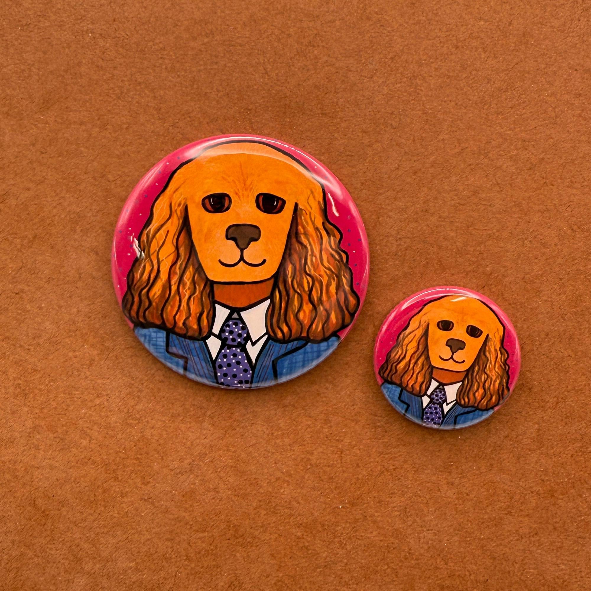 sample sizes of Tanner the Cocker Spaniel - 1.25 inch and 2.25 inch pins and magnets