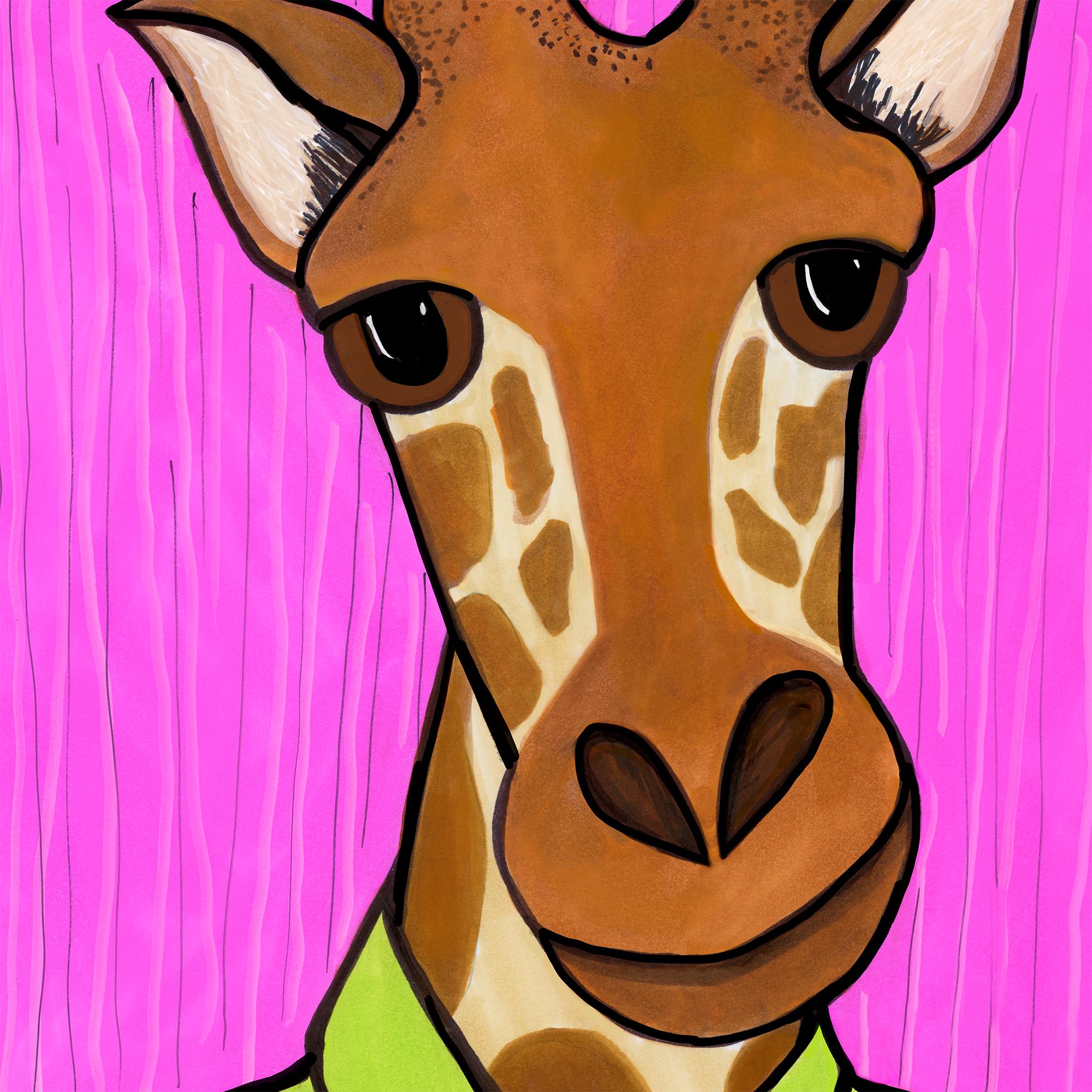 Detail view of George the Giraffe's face including pink background with vertical stripes