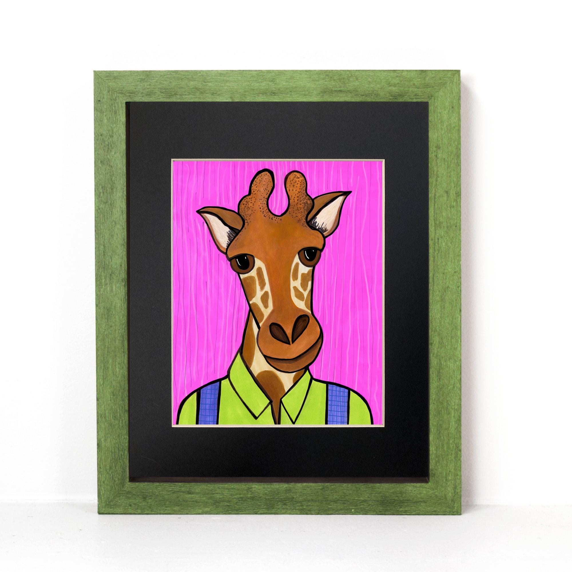 Art print of George the Giraffe set in a black mat and green wooden frame