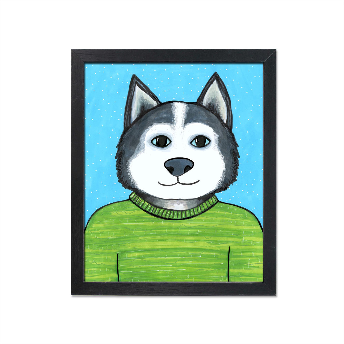 Art print of a siberian husky wearing a bright green sweater on a light blue background with snow. Shown in a black frame.