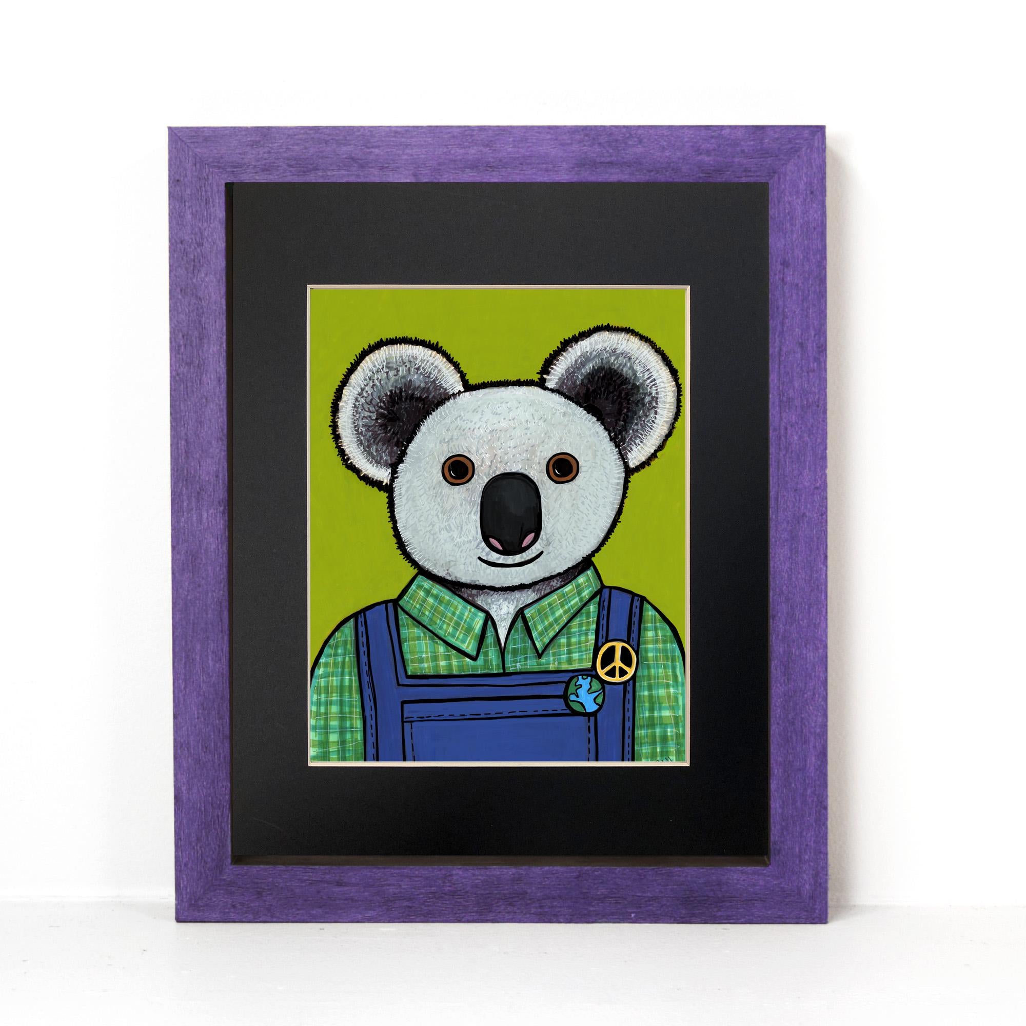 Art print of Oliver the Koala set in a black mat and purple wood frame on a white background