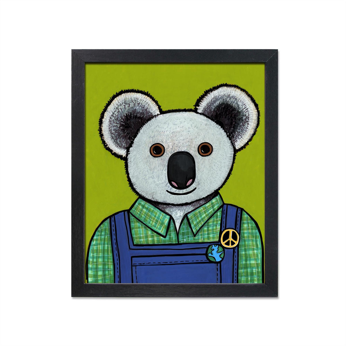Art print of Oliver the Koala wearing blue overalls, green plaid shirt and 2 pins - yellow peace sign and earth. Koala is on a chartreuse green background. Print is shown in a black frame on a white background.