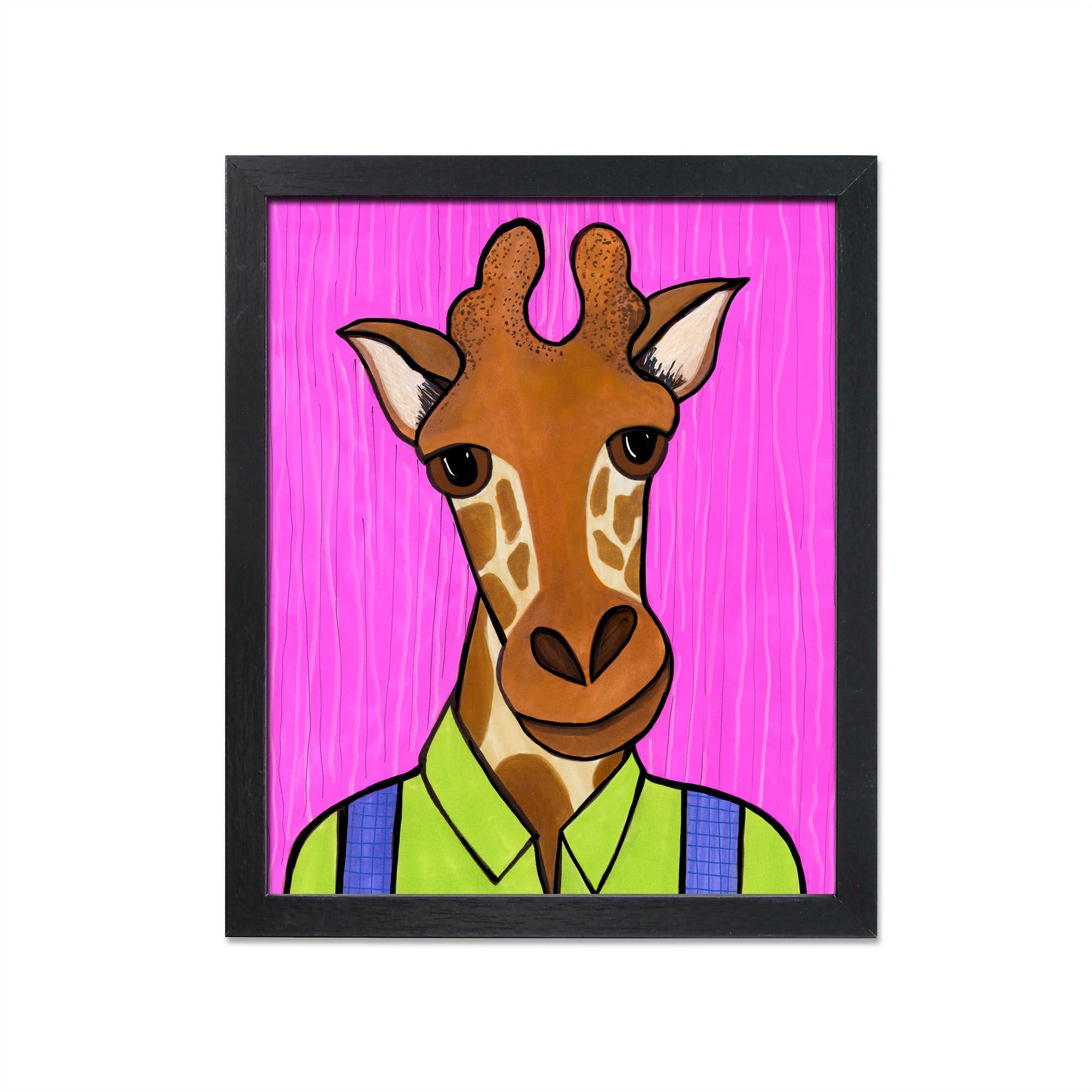 whimsical portrait of George the Giraffe in blue overalls and bright green shirt on a pink background. shown in a black frame on white background.