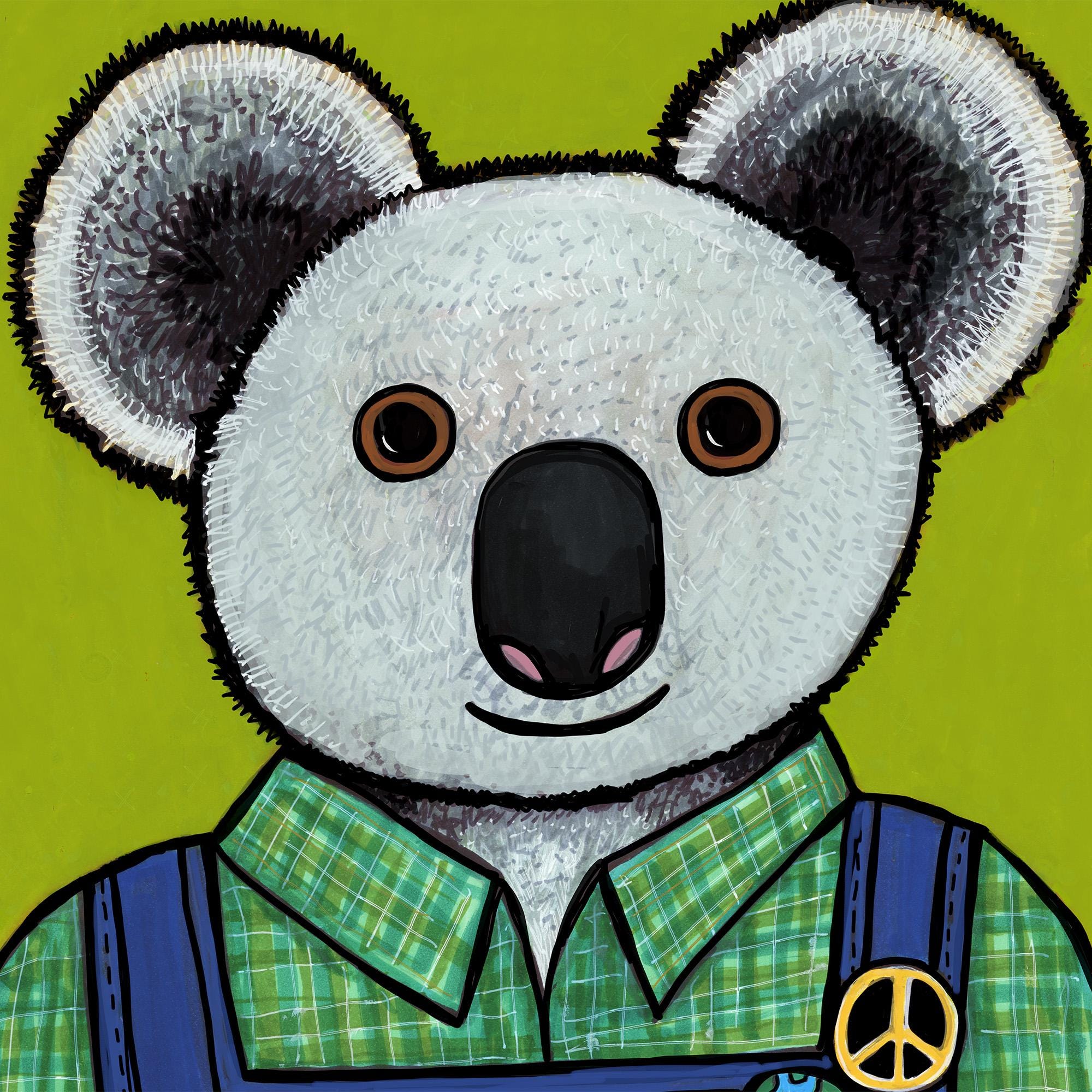 Detail view of koala's face showing the fur texture as well as a closer look at his clothing - green plaid shirt and blue jean overalls
