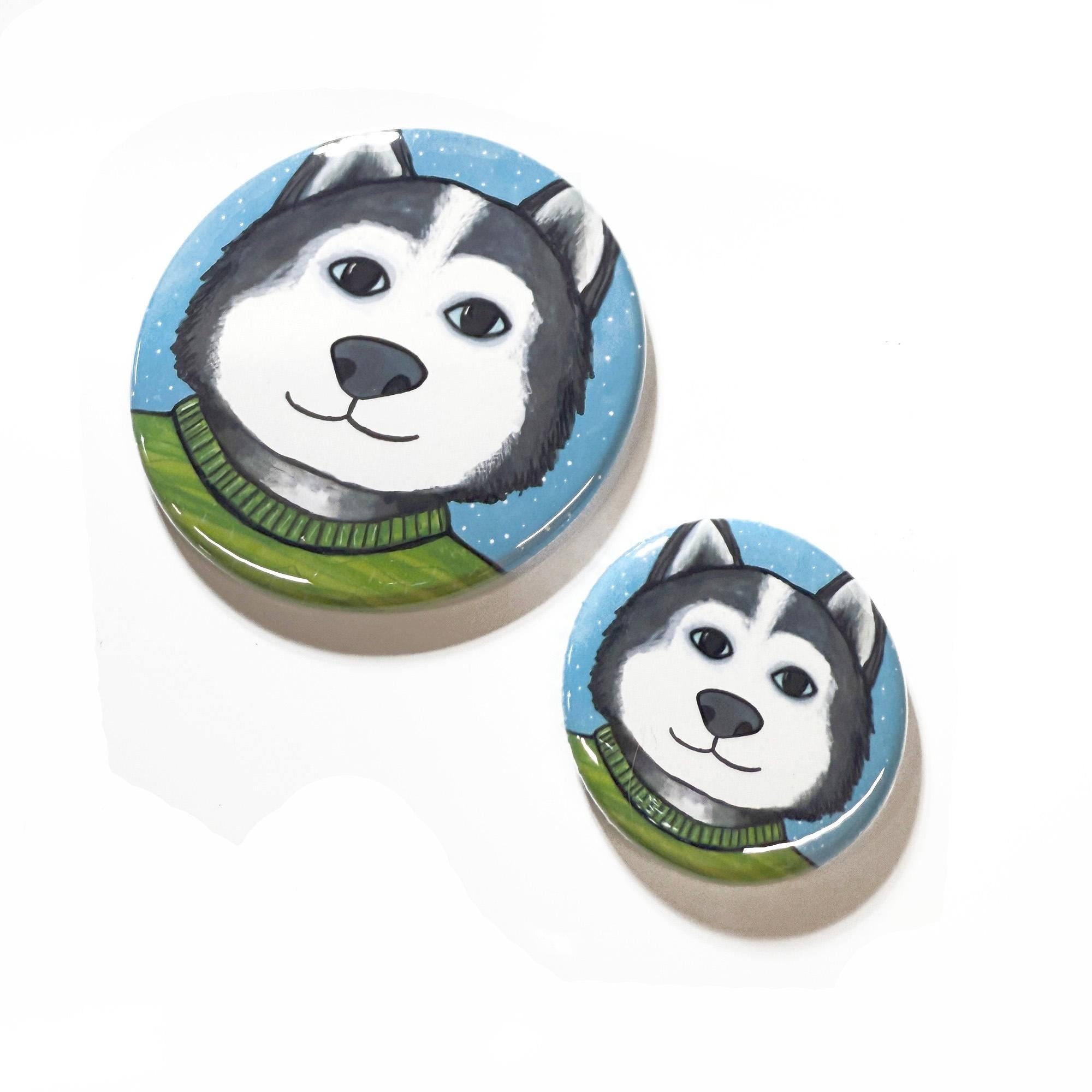 side angle view of Siberian Husky pins and magnets