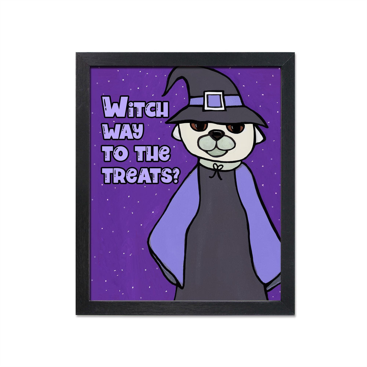 Image shows Witch Way to the Treats art print in a simple black frame