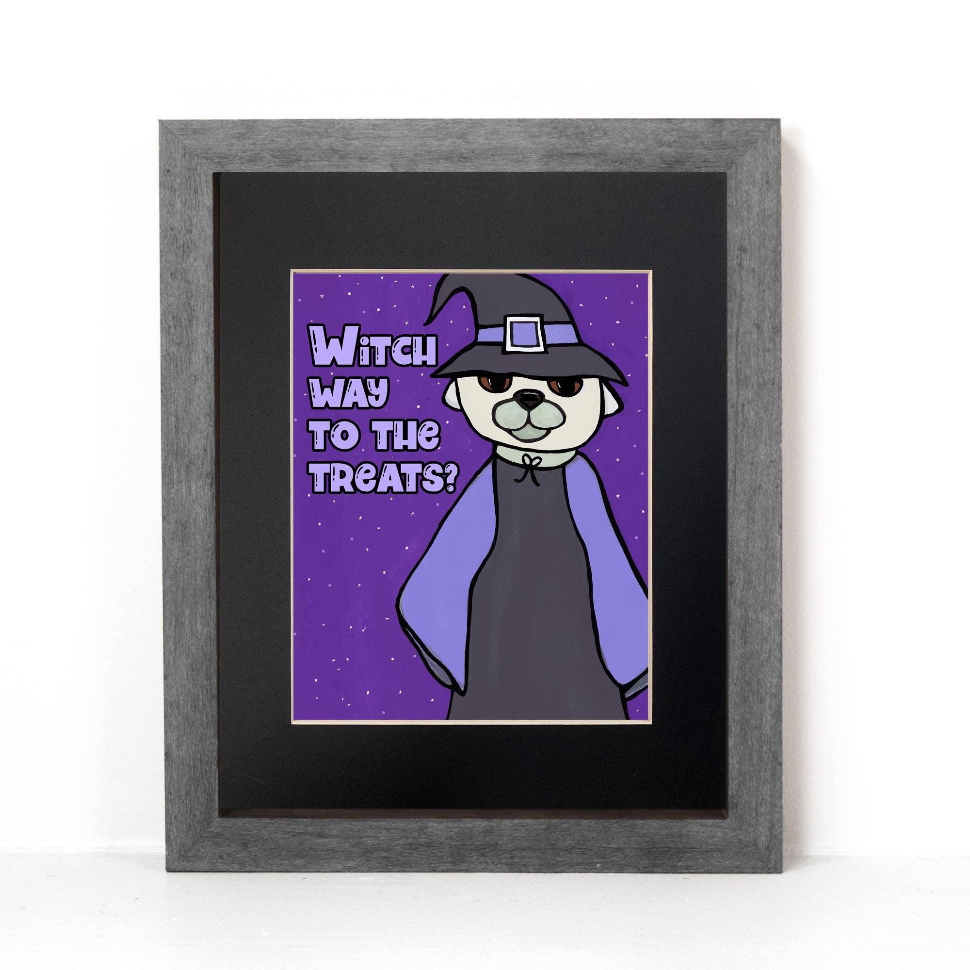 Image shows Witch Way to the Treats print in a black mat with gray wood frame.