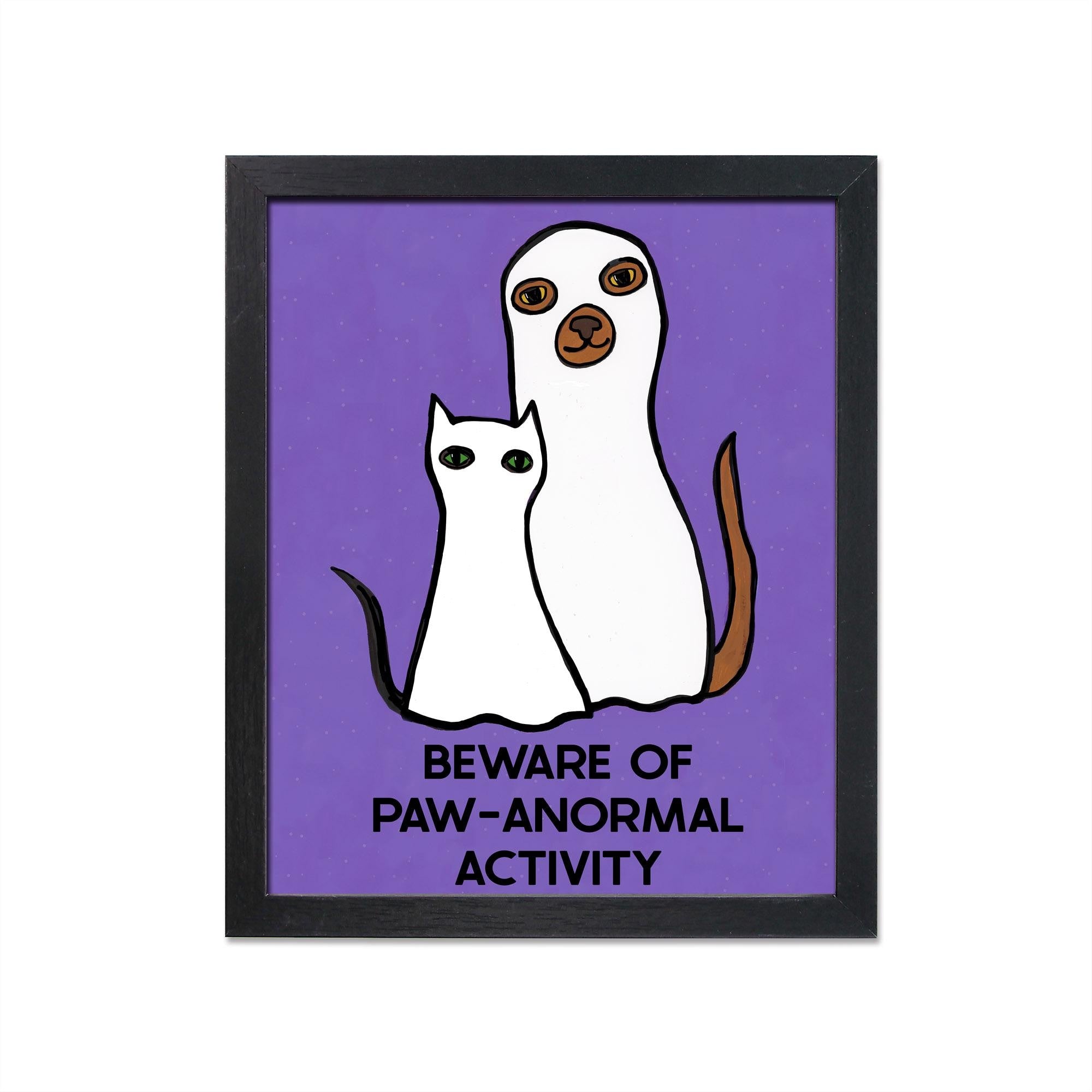 Halloween art print featuring cat and dog in ghost costumes with the words Beware of Paw-anormal Activity on a purple background