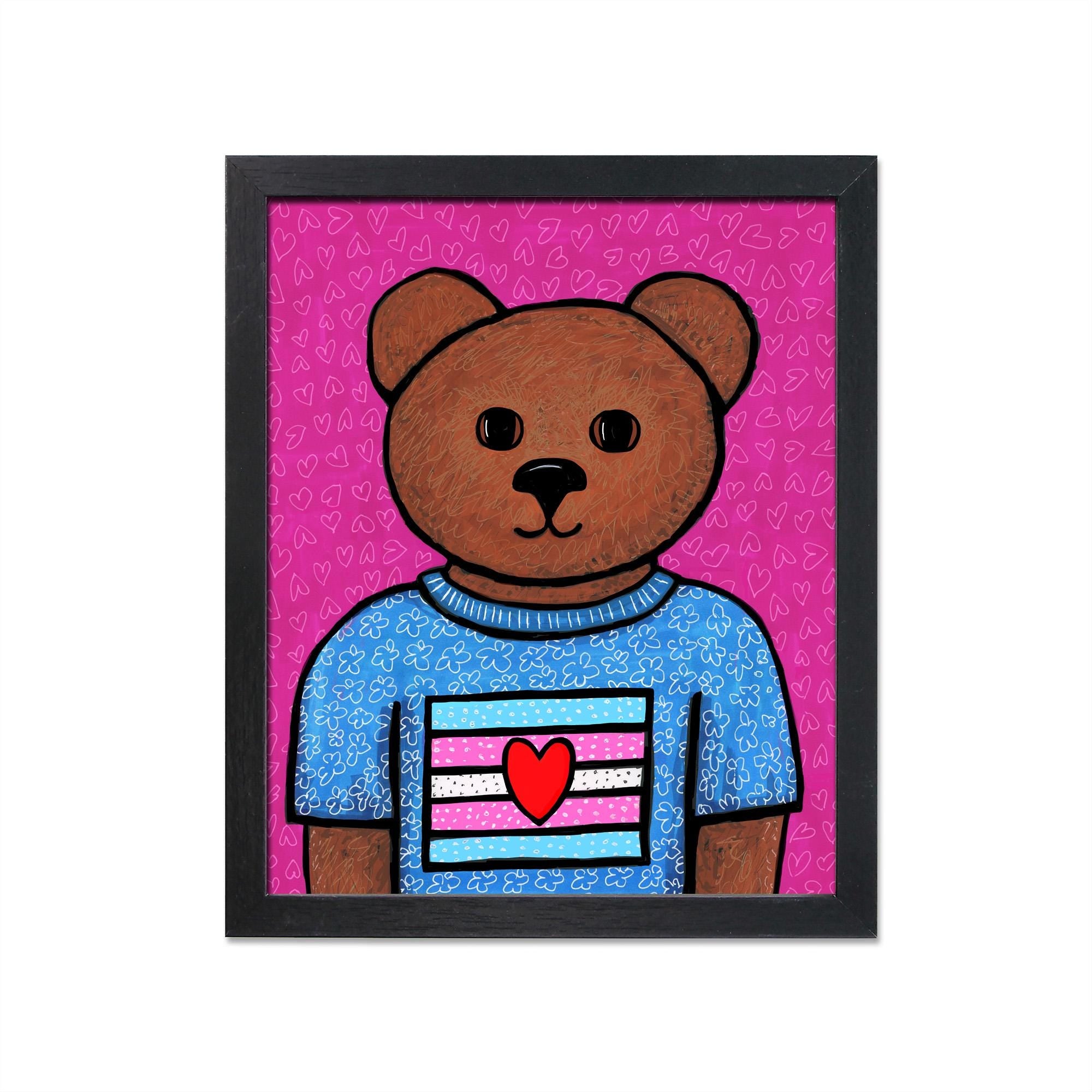 Trans bear art print in a black wood frame on white background