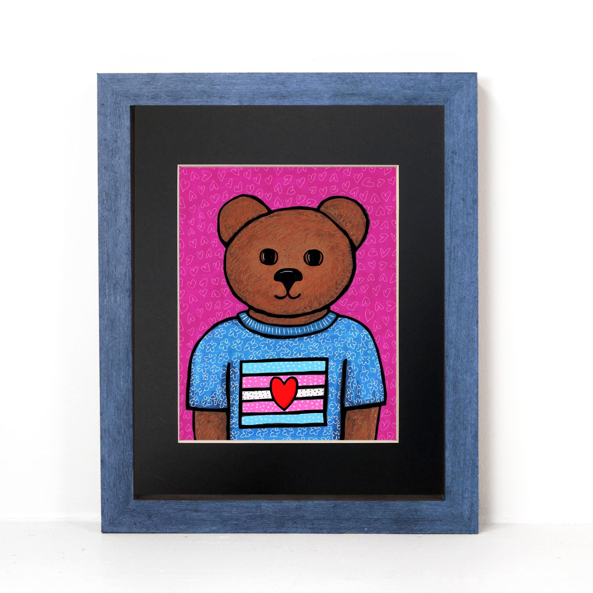 image of Rowan art print in a black mat and blue wood frame