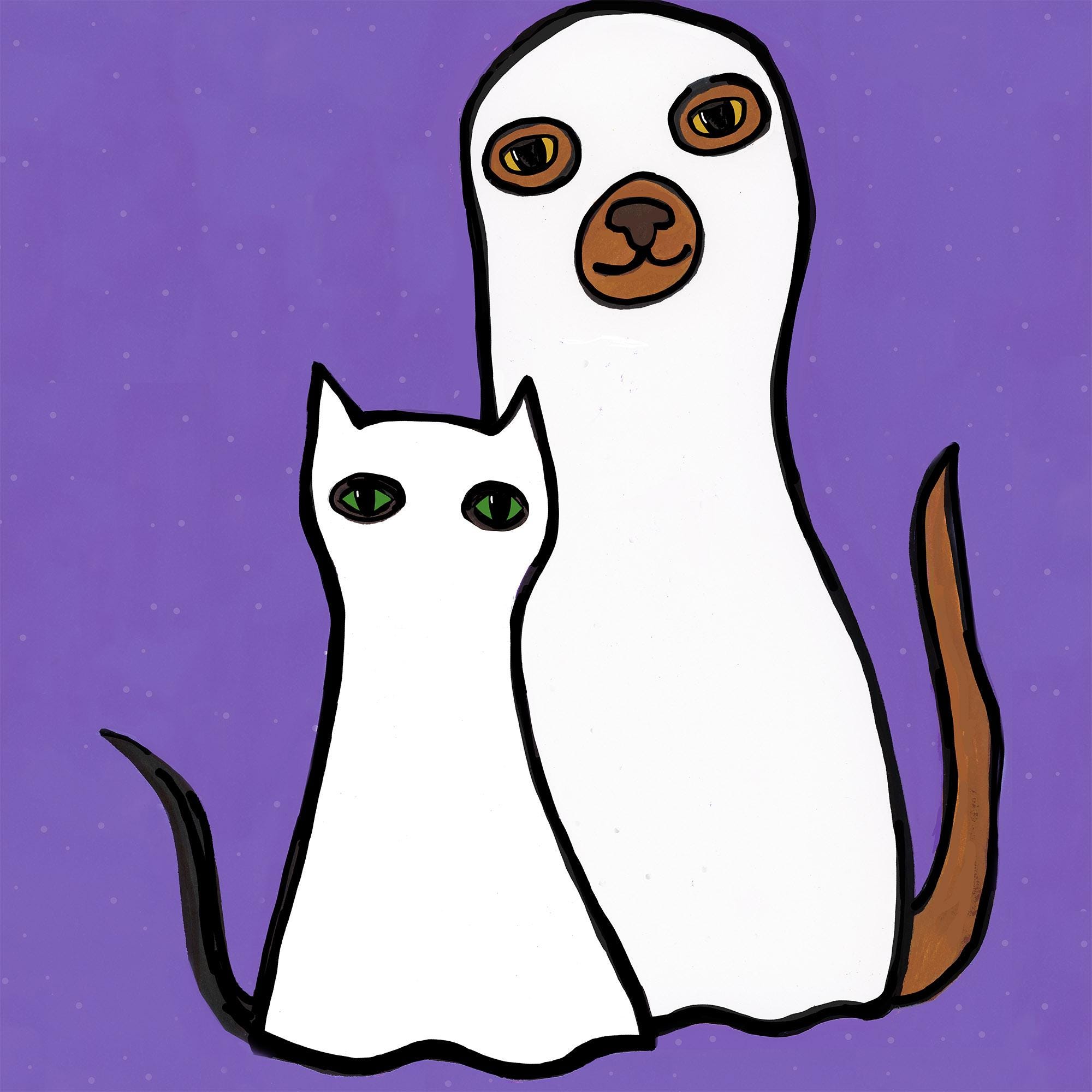 Detail of Halloween art print featuring cat and dog in ghost costumes on a purple background