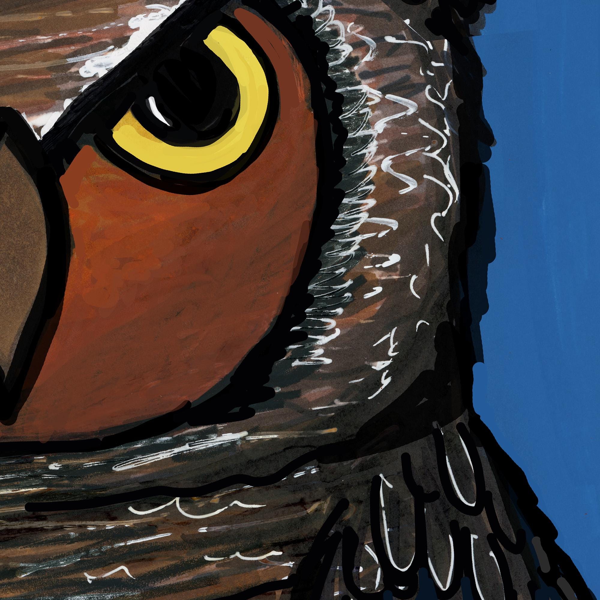 another detail of the wise owl resist print showing an even closer look at one side of the bird's face and the piercing yellow eyes