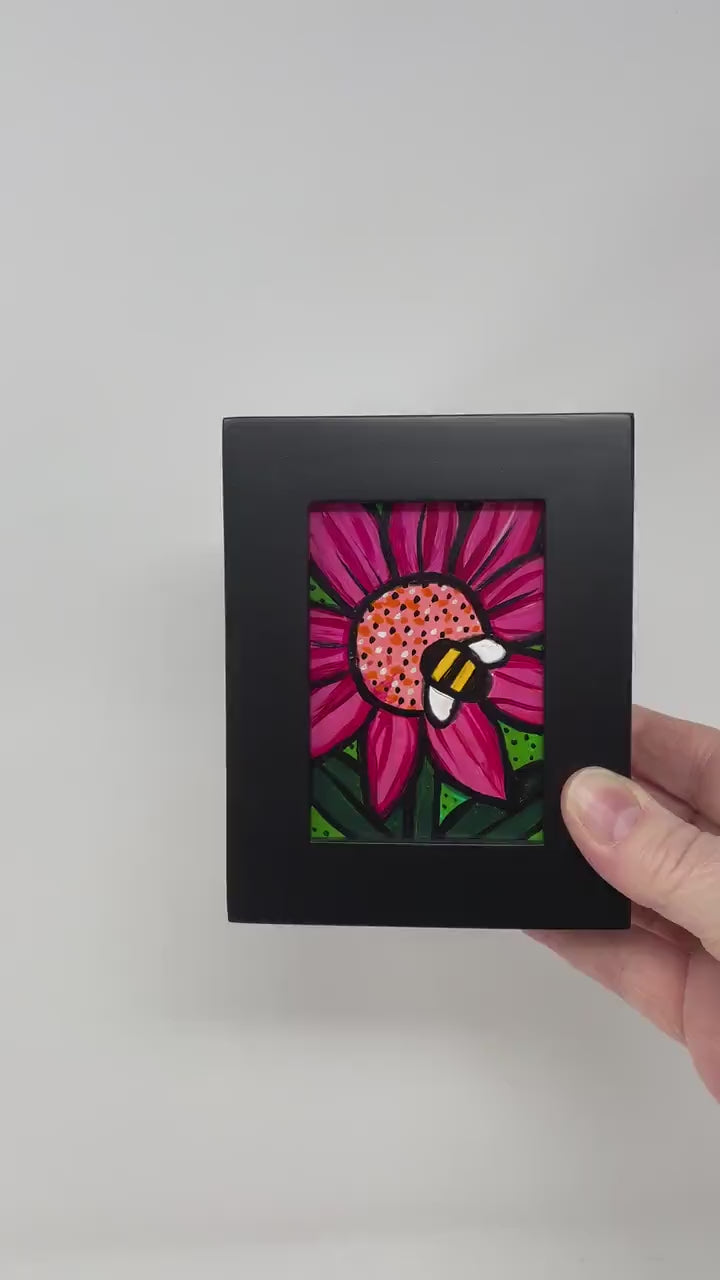 Mini Bumblebee Flower Painting - Framed Bumble Bee Art for Desk, Shelf, or Wall - Honey Bee, Insect, Pollinator, Bug - Happy Art