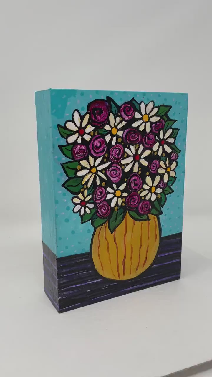 Flower Still Life - Original Acrylic Painting featuring Bouquet of Roses and Daises in Gold Vase - Colorful Floral Painting