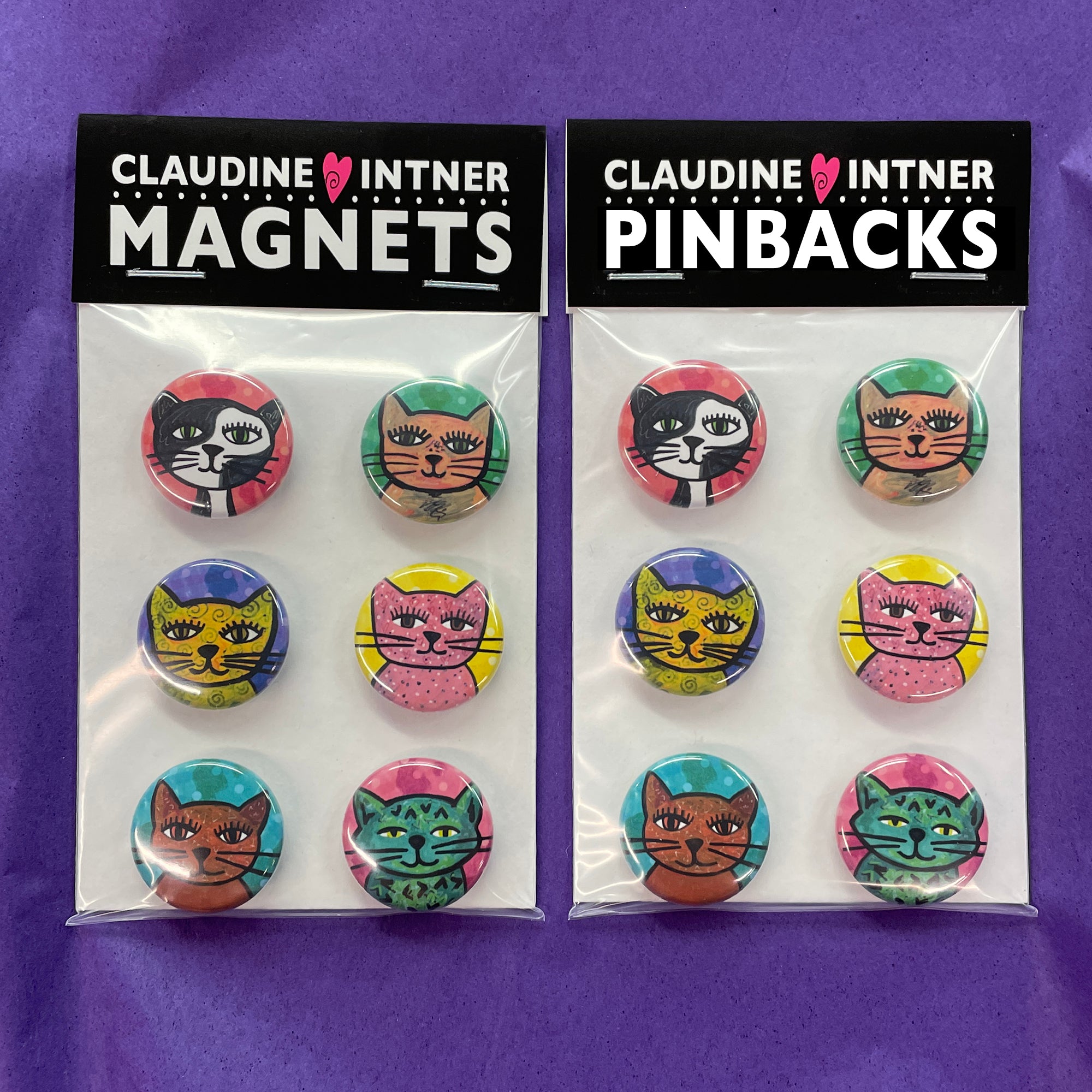 Whimsical Cat Magnets or Cat Pin Back Buttons Set