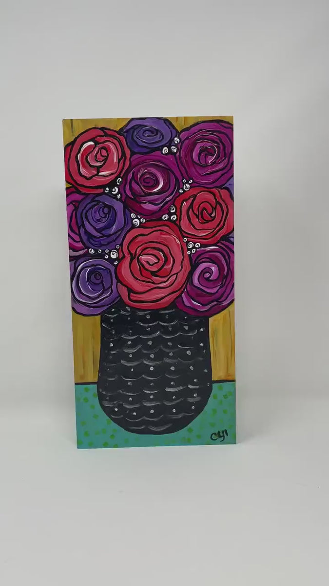 Whimsical Rose Painting - Original Floral Still Life Art - Vase of Roses - Cheerful Happy Flowers - Bold Colors - 6x12 Inches