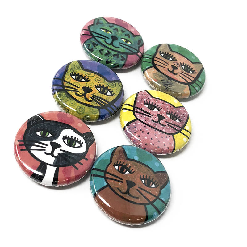 Whimsical Cat Magnets or Cat Pin Back Buttons Set