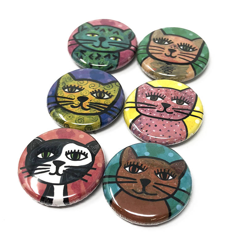 Whimsical Cat Magnets or Cat Pin Back Buttons Set