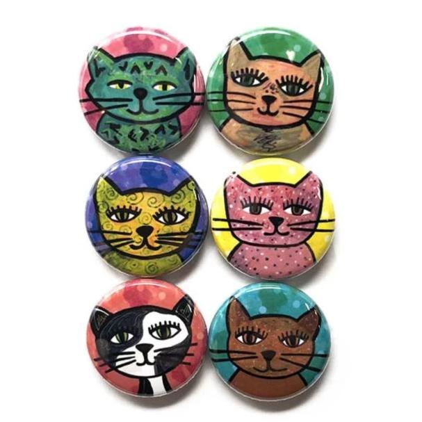 Whimsical Cat Magnets or Cat Pin Back Buttons Set