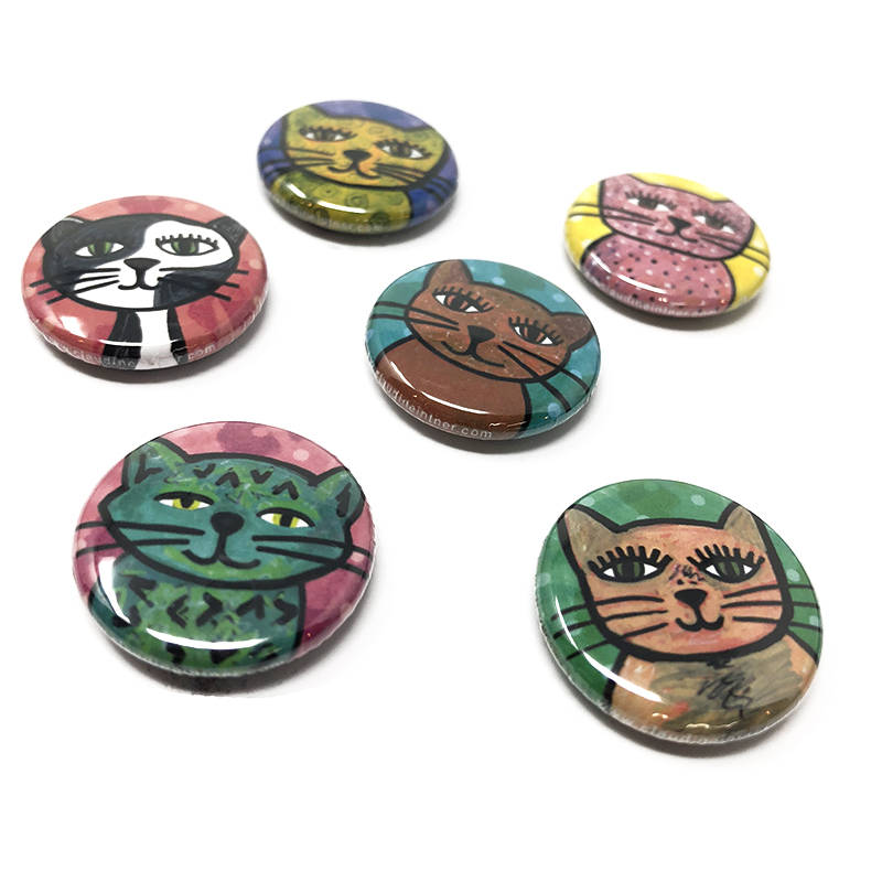 Whimsical Cat Magnets or Cat Pin Back Buttons Set