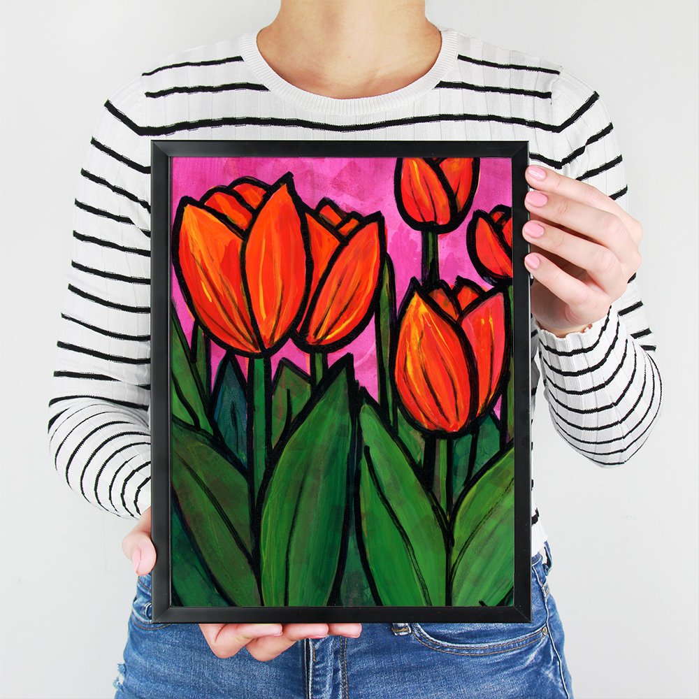 Tulip Art Print - Red Magenta Green Floral Wall Art Decor 