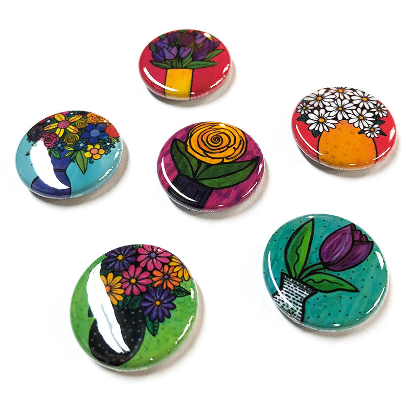 Flower Magnet Set or Flower Pin Set - Colorful Cute Magnets or Pinback Buttons - Stocking Stuffer, Party Favor, Teacher or Office Gift