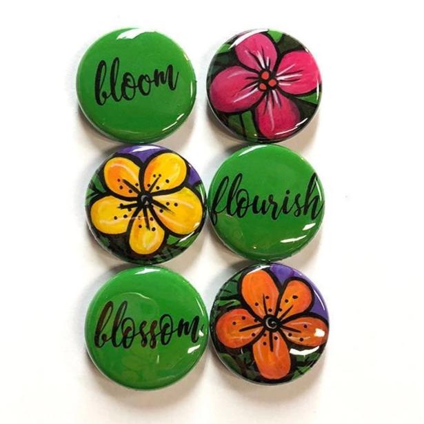 Flowers and Words Magnets or Pin Back Buttons