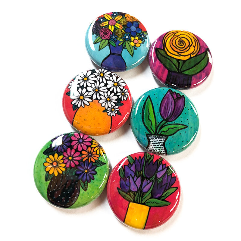 Flower Magnet Set or Flower Pin Set - Colorful Cute Magnets or Pinback Buttons - Stocking Stuffer, Party Favor, Teacher or Office Gift