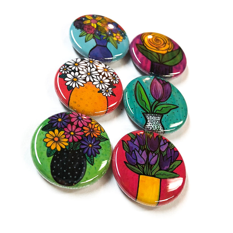 Flower Magnet Set or Flower Pin Set - Colorful Cute Magnets or Pinback Buttons - Stocking Stuffer, Party Favor, Teacher or Office Gift