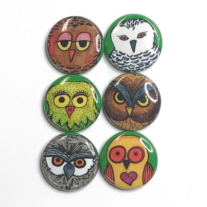 Owl Magnets or Pin Back Buttons Set