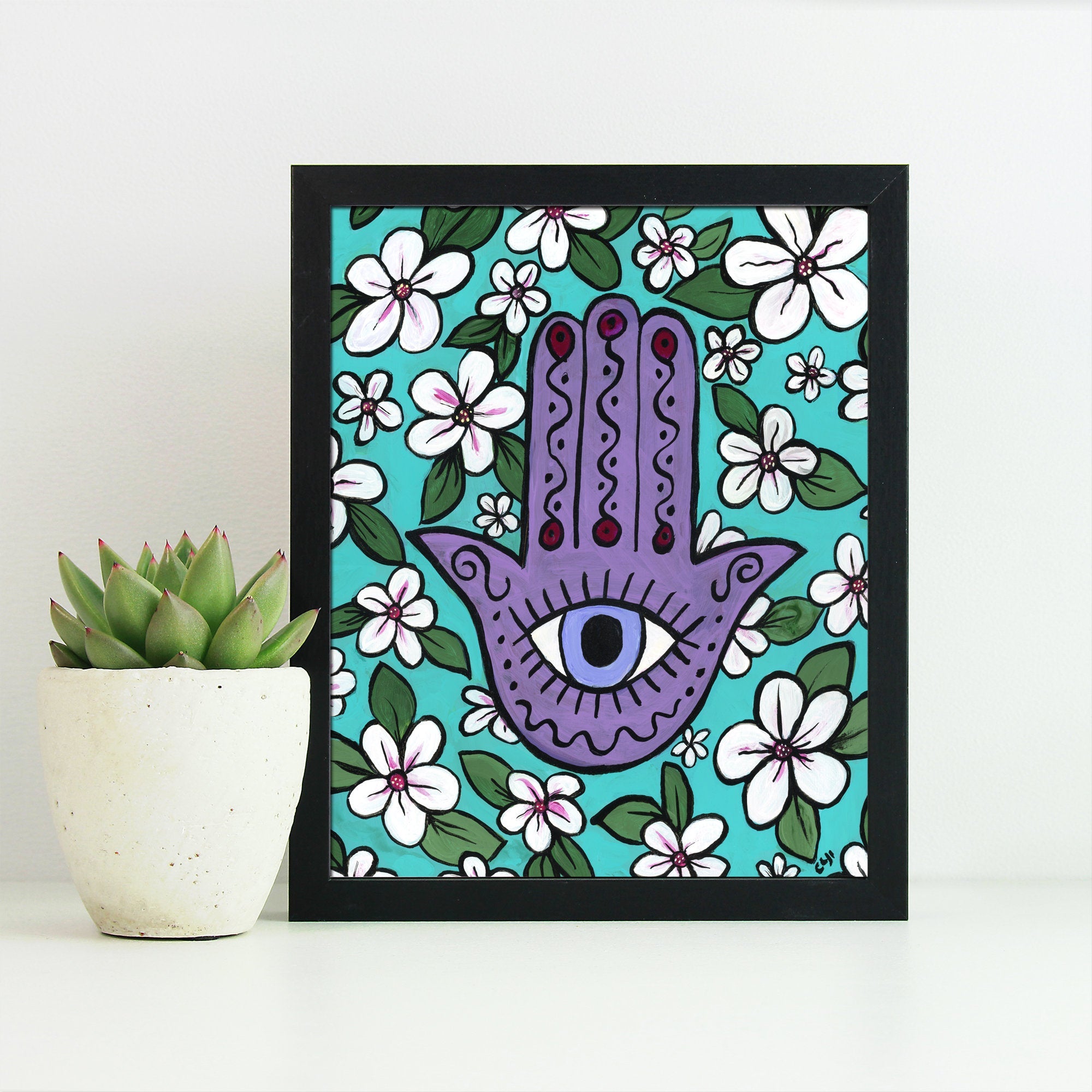 Cherry Blossom Hamsa Print with Evil Eye