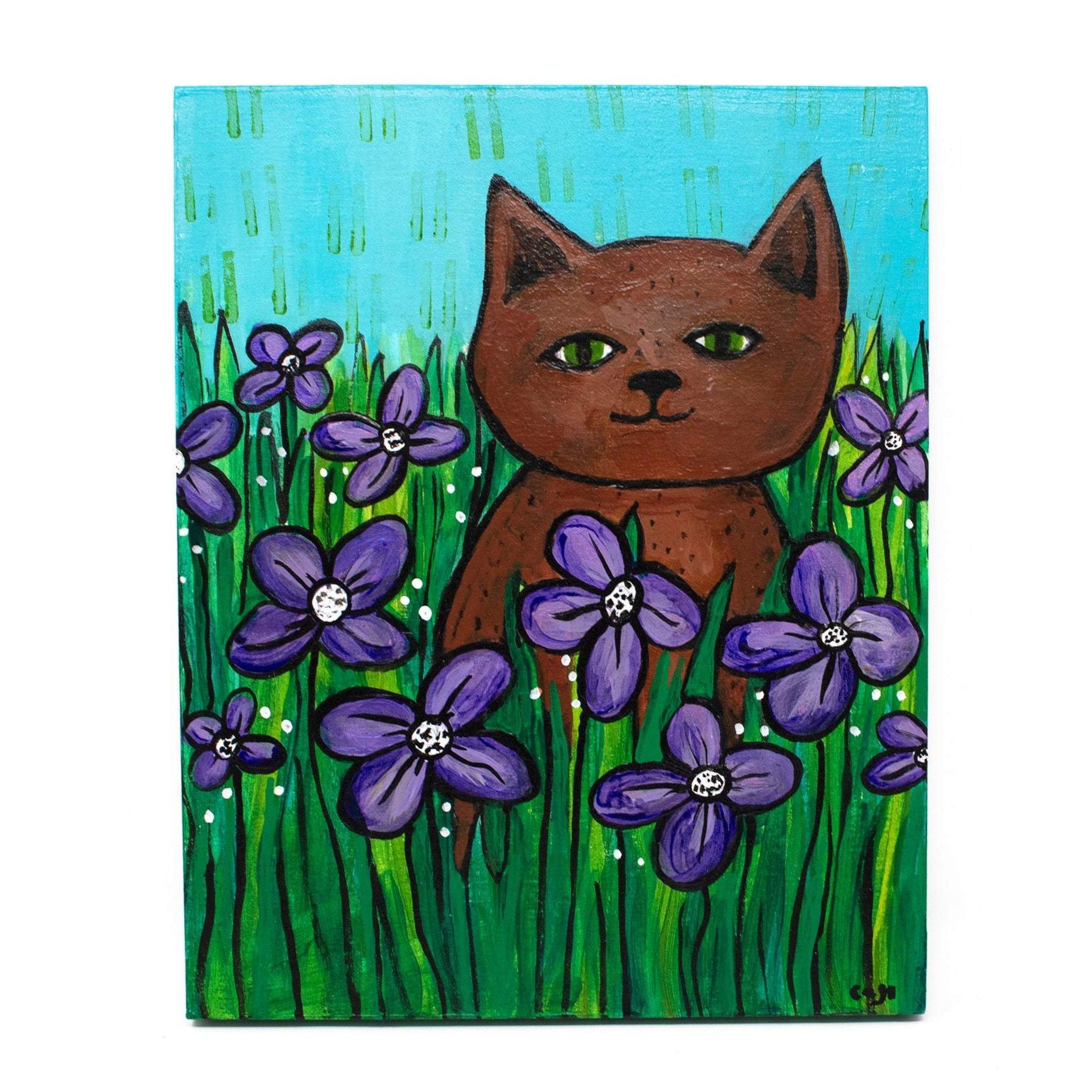 Brown Cat in Flower Field Painting