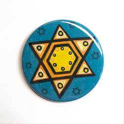 Blue and Yellow Star of David Pin, Magnet, or Mirror - Jewish Fridge Magnet, Pinback Badge, or Pocket Mirror