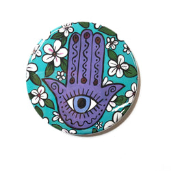 Cherry Blossom Evil Eye Hamsa Magnet, Pocket Mirror, or Pin Back Button - Hand of Protection Pinback, Fridge Magnet or Purse Mirror