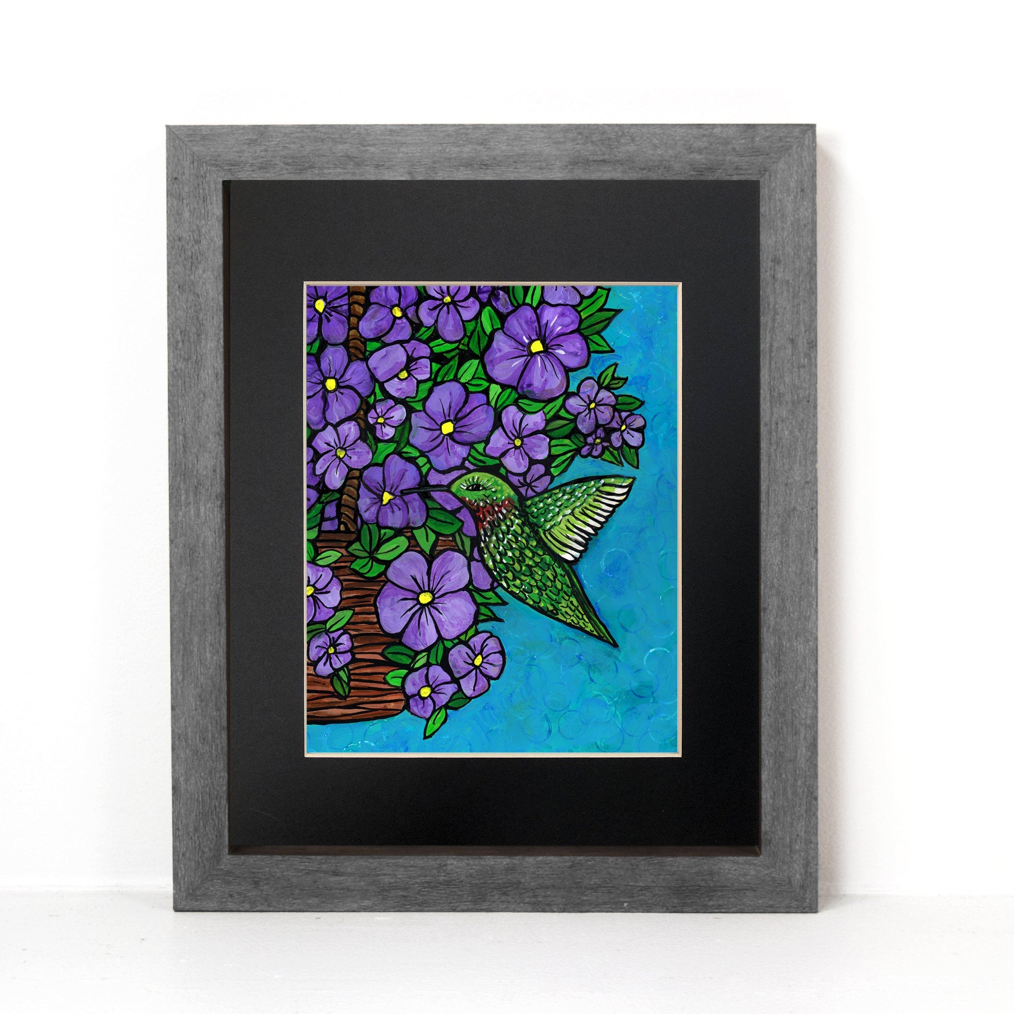 Hummingbird Art Print - Green Humming Bird with Purple Petunia Flowers - 8x10 Colorful Bird Print with Optional Black Mat - Animal Art