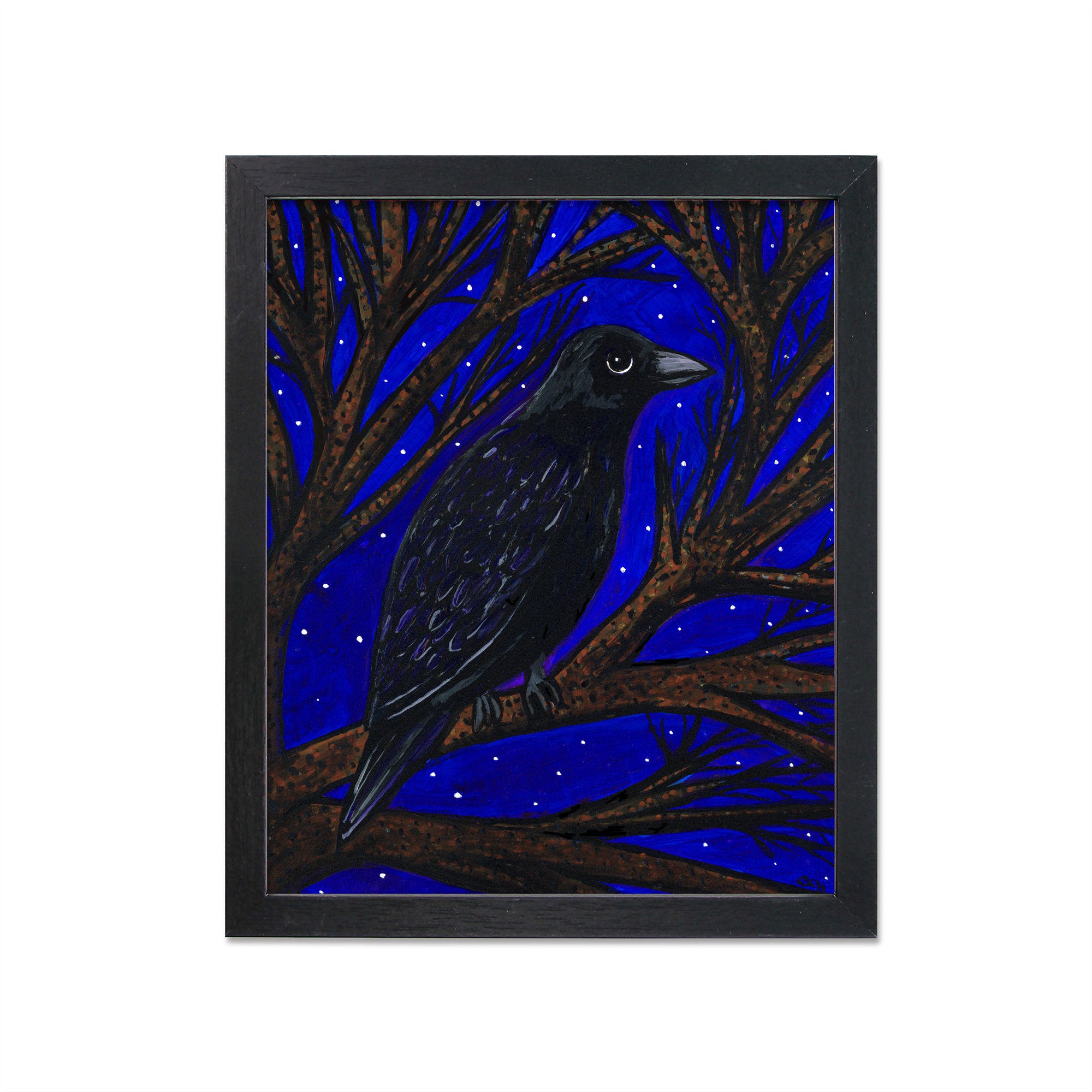 Raven Art Print - Black Bird in Tree at Night with Starry Sky - 8x10 Dark Bird Print with Optional Black Mat - Animal Art