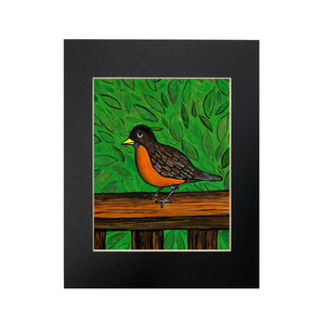 Robin Bird Art Print - Bird on Deck Railing with Green Leaves - Colorful Bird Print - 8 x 10 Inches - Bird Lover Gift - Animal Art