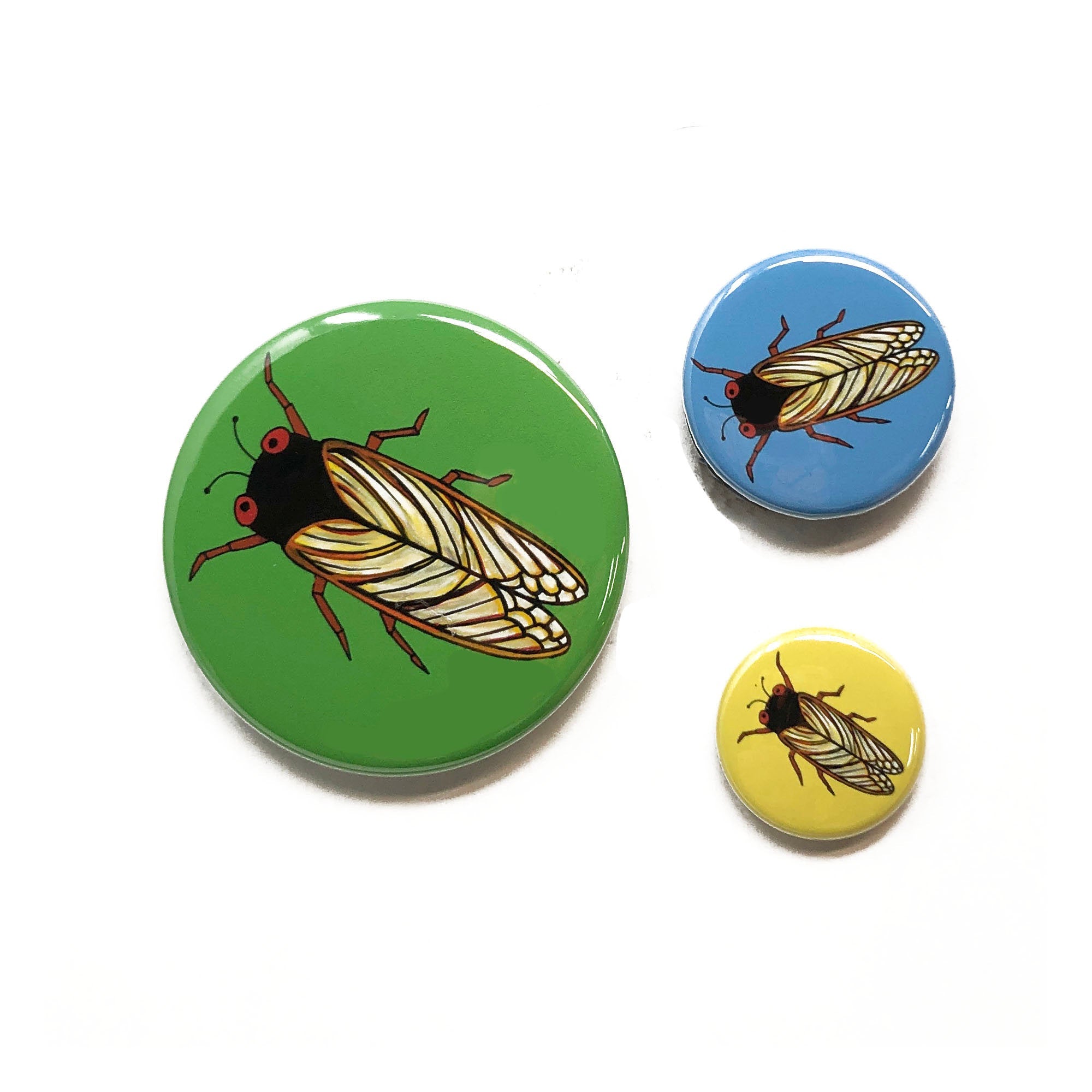 Cicada Pin Back Button, Magnet, or Mirror - Choose Cicada on Blue, Green, or Yellow - 1 Inch, 1.25 Inch, or 2.25 Inch - Brood X - Insect