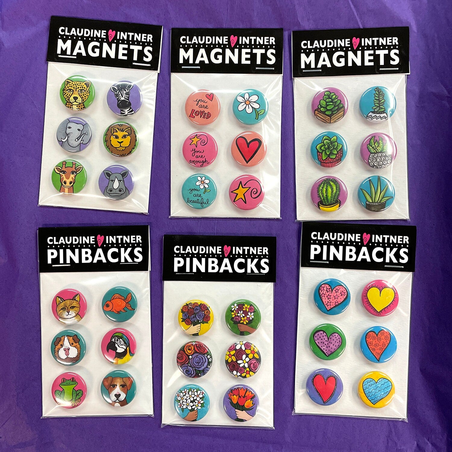additional magnet and pin sets by claudine intner - african animals, affirmations, succulents, pets, flower bouquets, and hearts
